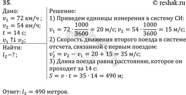 Изображение Два поезда движутся навстречу друг другу со скоростями 72 и 54 км/ч. Пассажир, находящийся в первом поезде, замечает, что второй поезд проходит мимо него в течение 14 с....