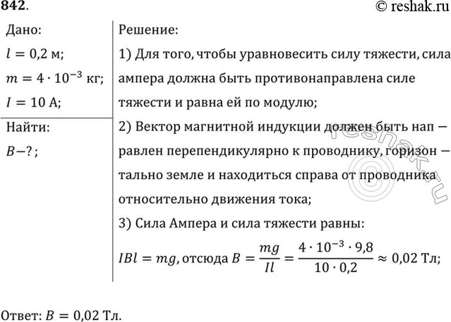 Изображение Сила тока в горизонтально расположенном проводнике длиной 20 см и массой 4 г равна 10 А. Найти индукцию (модуль и направление) магнитного поля, в которое нужно поместить...