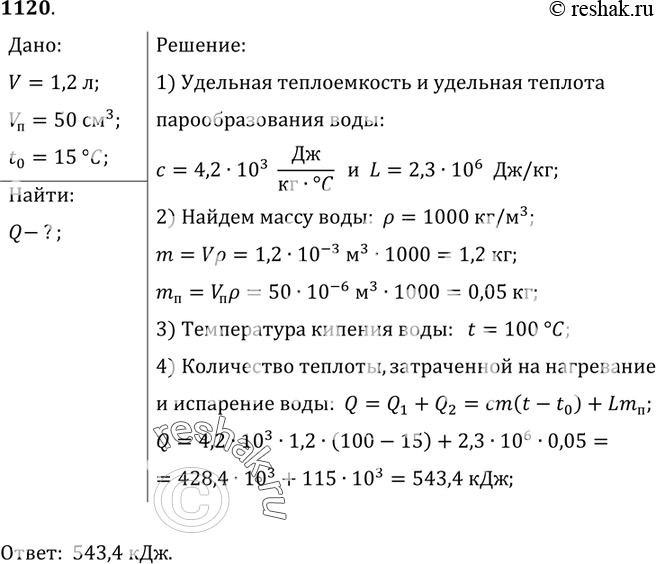 Изображение 1120.	Кофейник вместимостью 1,2 л заполнили водой при температуре 15 °С и поставили на плиту. Какое количество теплоты пошло на нагревание и кипение воды,  если после...