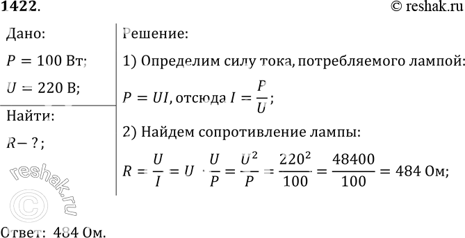 Изображение 1422.	Определите сопротивление работающей электрической лампы, на баллоне которой написано 100 Вт; 220...