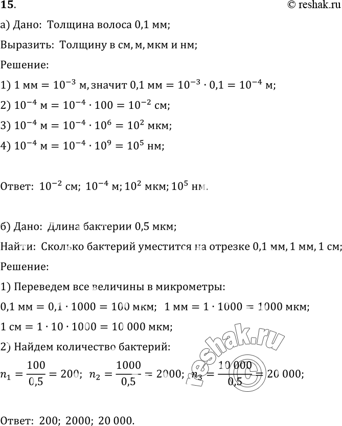 Изображение 15.	а) Толщина волоса равна 0, 1 мм. Выразите эту толщину в см, м, мкм, нм. б) Длина одной из бактерий равна 0, 5 мкм. Сколько таких бактерий уложилось бы вплотную на...