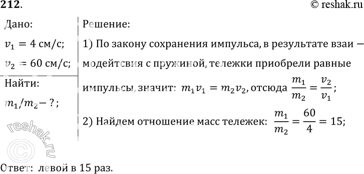 Изображение 212*. Левая тележка (см. задачу 211, в) приобрела скорость 4 см/с, правая — 60 см/с. Масса какой тележки больше и во сколько...