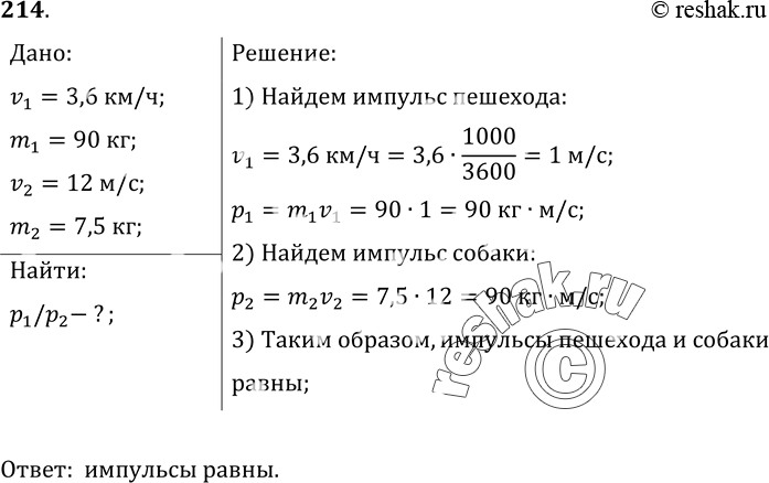Изображение 214.	Пешеход массой 90 кг движется со скоростью 3, 6 км/ч, а собака массой 7, 5 кг бежит со скоростью 12 м/с. Найдите отношение импульсов пешехода и...