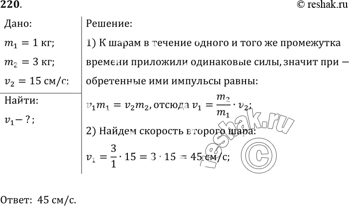 Изображение 220*. К лежащим на столе шарам были приложены в течение одного и того же промежутка времени одинаковые силы. При этом шар массой 3 кг приобрел скорость 15 см/с. Какую...