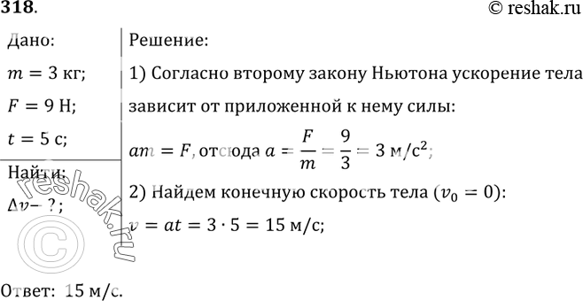 Изображение 318.	Какую скорость приобретает тело массой 3 кг под действием силы, равной 9 Н, по истечении 5...