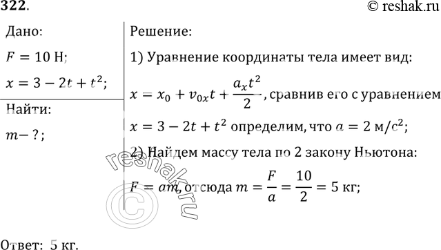 Изображение 322.	Под действием постоянной силы, равной 10 Н, тело движется прямолинейно так, что зависимость координаты тела от времени описывается уравнениём х = 3-2t + t2....