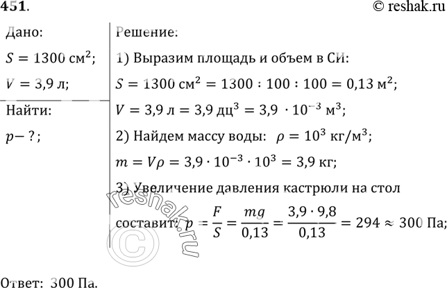 Изображение 451.	Площадь дна кастрюли равна 1300 см2. Вычислите, на сколько увеличится давление кастрюли на стол, если в нее налить воду объемом 3,9...