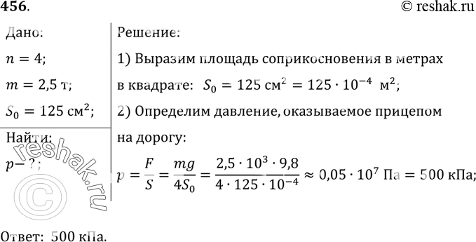 Изображение 456.	Двухосный прицеп с грузом имеет массу 2,5 т. Определите давление, оказываемое прицепом на дорогу, если площадь соприкосновения каждого колеса с дорогой равна 125...