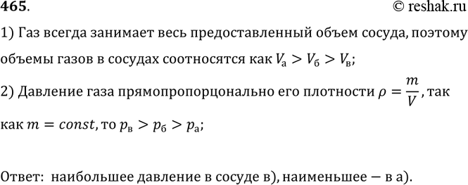 Изображение 465.	Массы одного и того же газа, находящегося в разных закрытых сосудах при одинаковой температуре, одинаковы (рис. 113). В каком из сосудов давление газа наибольшее;...