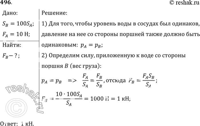 Изображение 496.	Два сообщающихся сосуда с различными поперечными сечениями (рис. 127) наполнены водой. Площадь поперечного сечения у узкого сосуда в 100 раз меньше, чем у широкого....