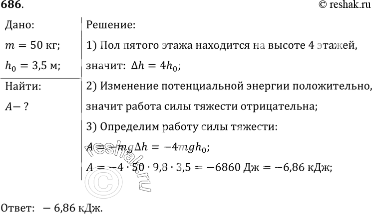 Изображение 686.	Какую работу совершает поле тяготения, когда человек массой 50 кг поднимается на пятый этаж здания, если высота одного этажа равна 3, 5...