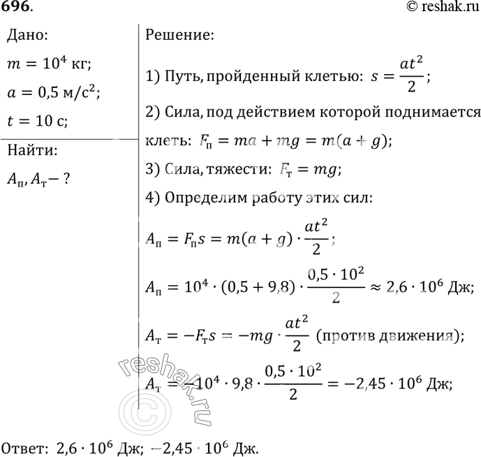 Изображение 696.	Груженая шахтная клеть массой 10 т поднимается с ускорением 0,5 м/с2. Определите работу по подъему клети за первые 10 с движения и работу силы тяжести. Объясните...