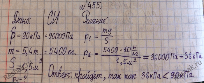 Изображение 455.	Толщина льда такова, что лед выдерживает давление 90 кПа. Пройдет ли по этому льду трактор массой 5,4 т, если он опирается на гусеницы общей площадью 1,5...