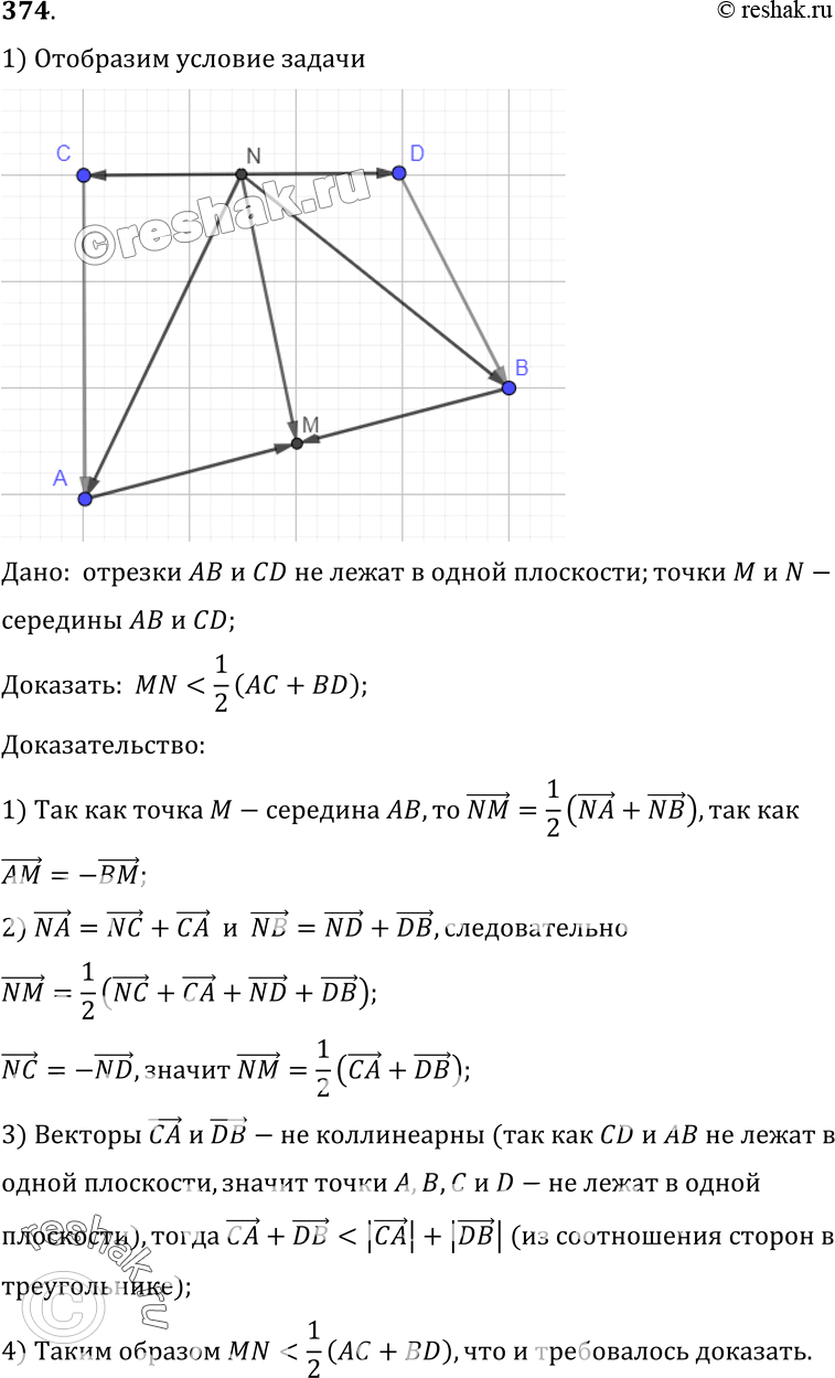 Изображение 374 Отрезки AB и CD не лежат в одной плоскости, точки M и N — середины этих отрезков. Докажите, что MN < | (AC +...