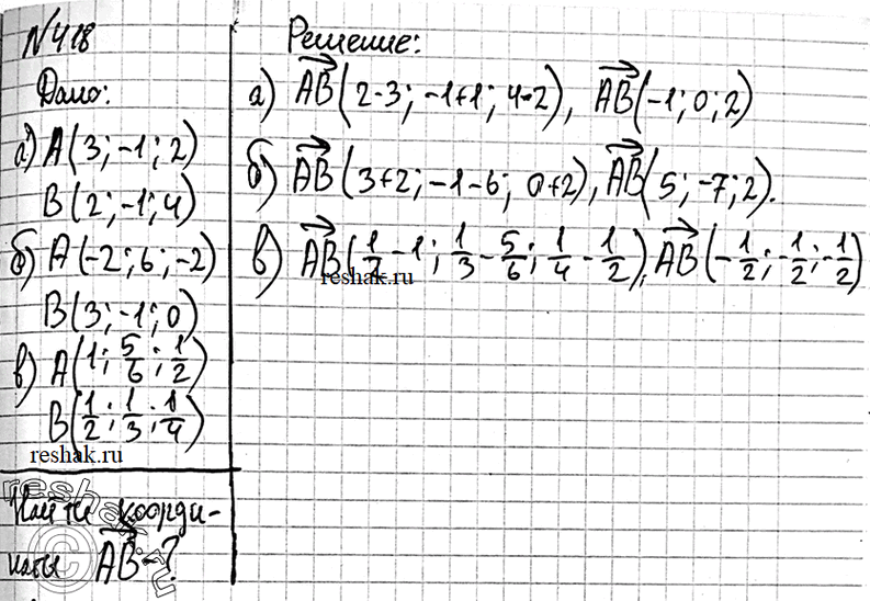 Изображение 418 Найдите координаты вектора AB, если: а) A (3; -1; 2), B (2; -1; 4); б) A(-2; 6;-2), B(3; -l;0); в) A(l;|;|j,...