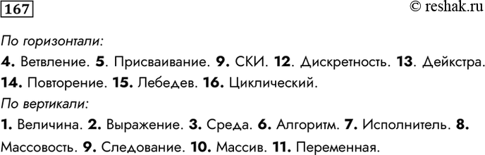 Изображение 167.	Разгадайте кроссворд «Основы алгоритмизации».По горизонтали. 4. Алгоритмическая конструкция, в которой в зависимости от результата проверки условия предусмотрен...