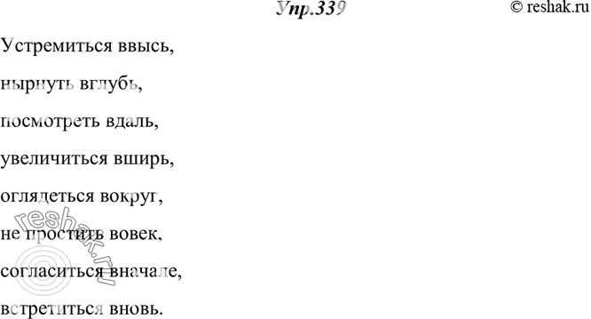 Изображение 339. Образуйте от существительных высь, глубь, даль, ширь, круг, век, начало, новь при помощи соединения их с предлогом в (во) наречия и запишите эти наречия в...