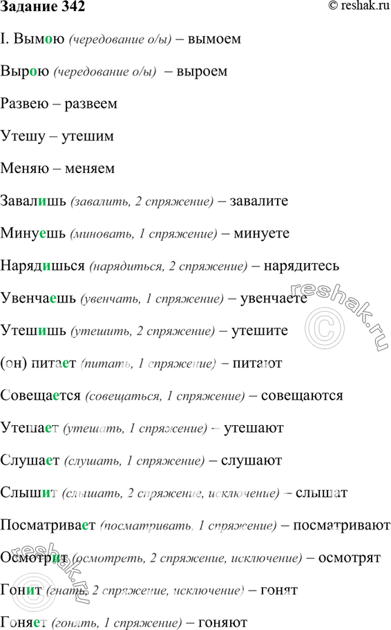 Изображение 342. I. Поставьте глаголы во множественном числе (не меняя лицо).Вым..ю, выр..ю, развею, утешу, меняю; завал..шь, мину..шь, наряд..шься, увенча..шь, утеш..шь; (он)...