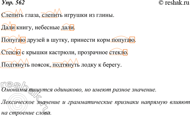 Изображение 562.Рассмотрите запись, докажите, что в ней представлены слова-омонимы. Запишите словосочетания, омонимы разберите по составу. Сделайте вывод о зависимости строения...