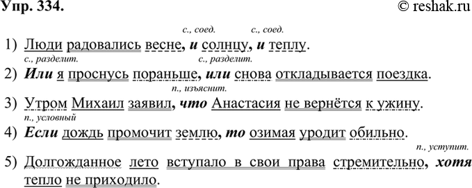 Изображение 334  Придумайте предложения, соответствующие схемам (знаки препинания опущены). Запишите получившиеся предложения. Расставьте знаки препинания. Над союзами укажите их...
